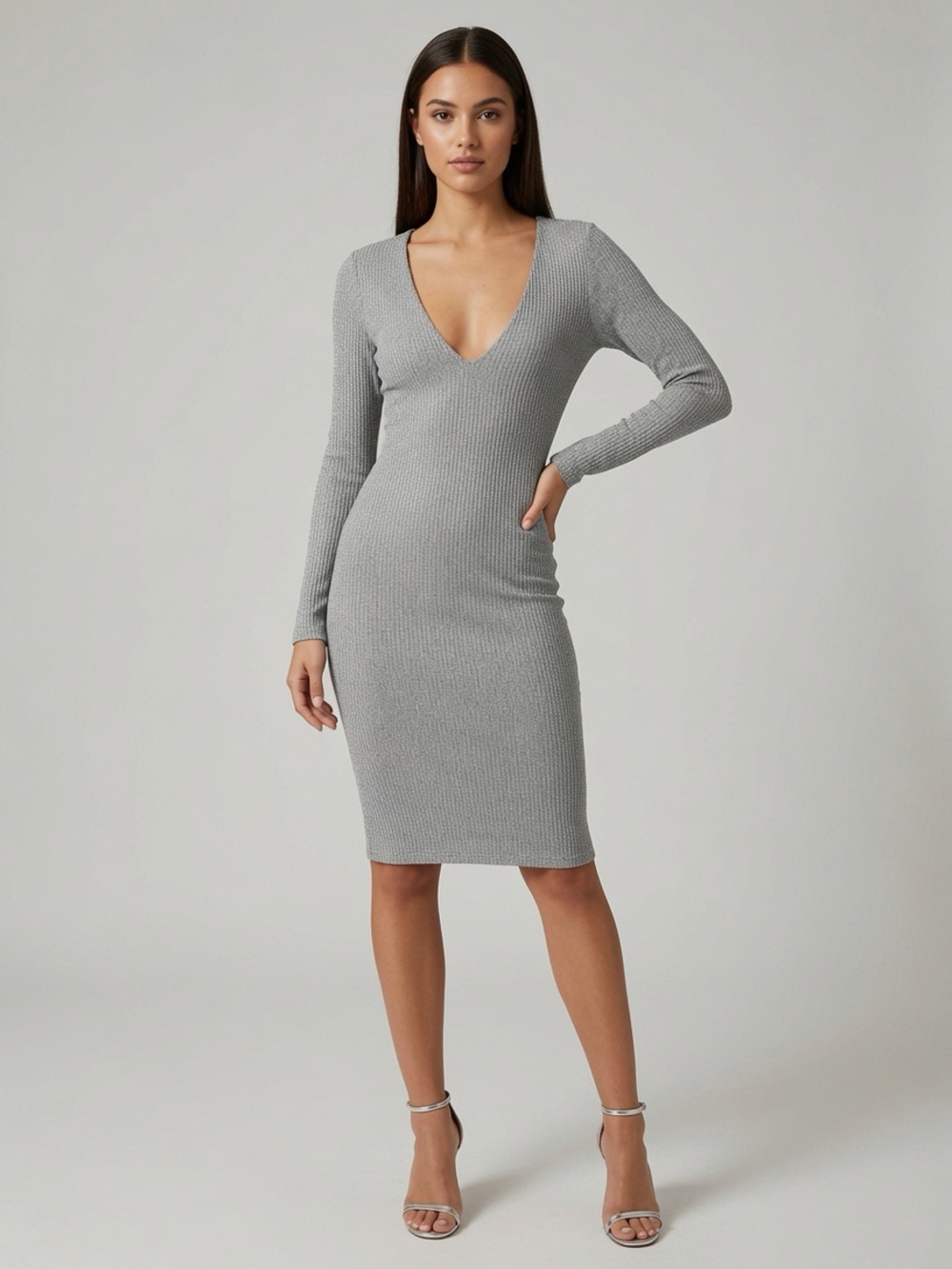 Deep V Long Sleeve Rib Knit Midi Dress - Gray